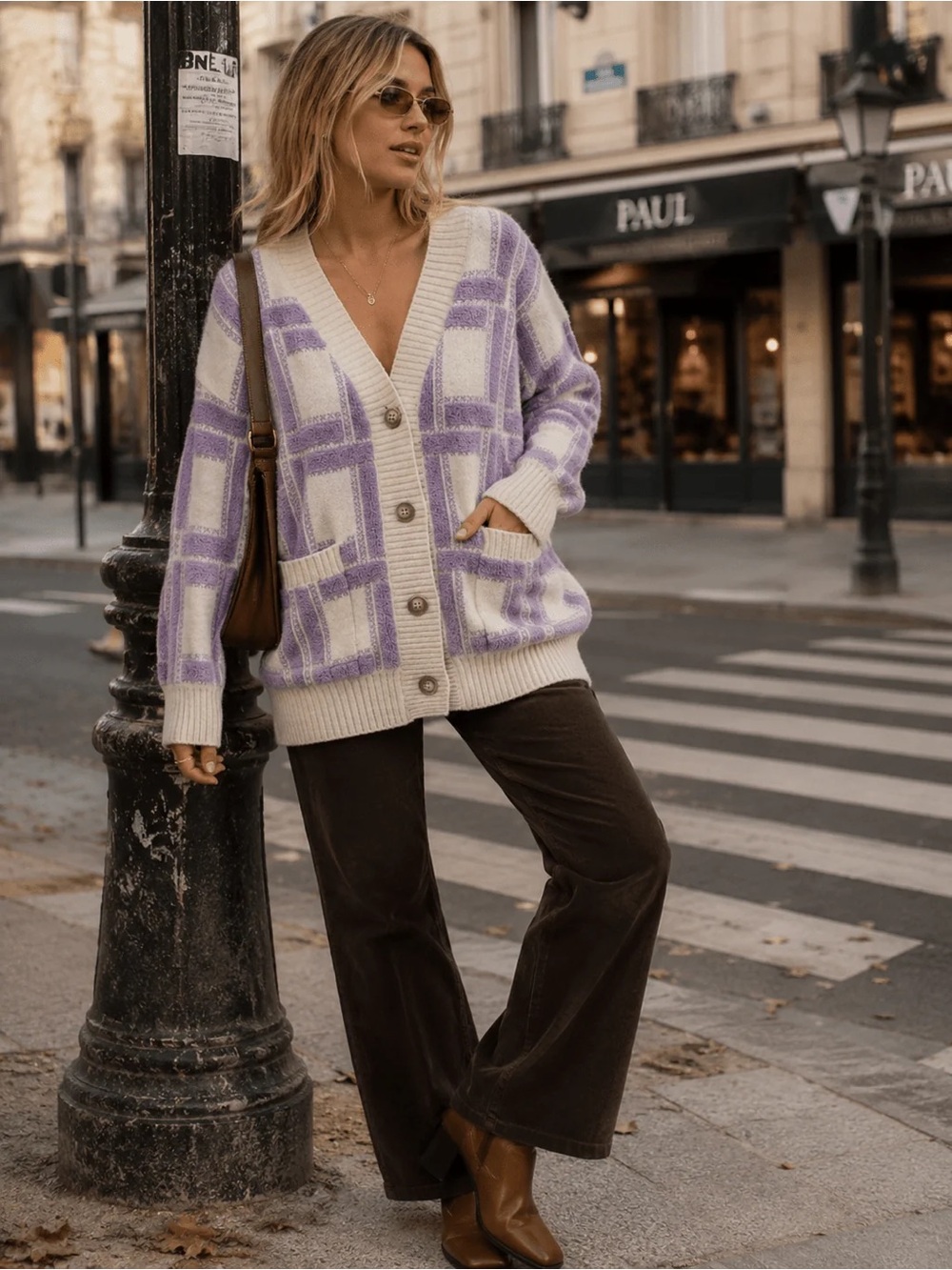 P-016 Blue B Oversized Cream & Lavender Plaid V-Neck Cardigan Sweater